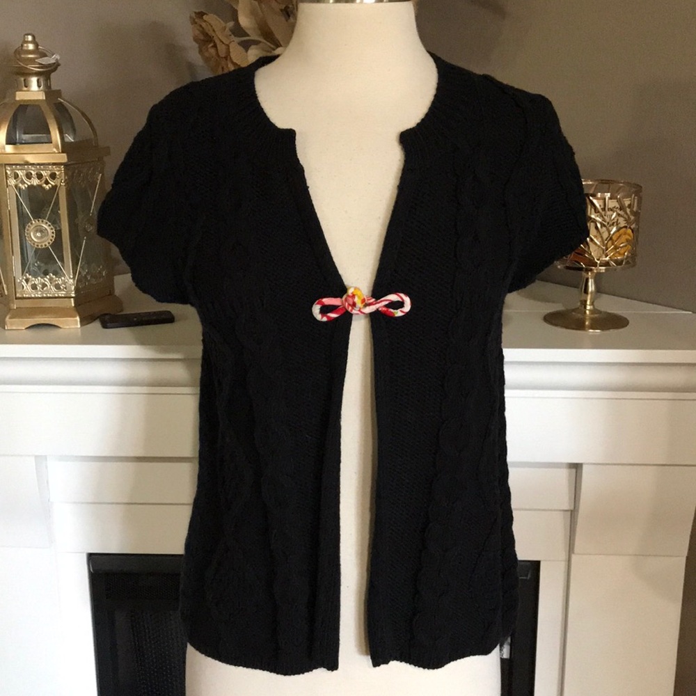 Free People Black Cable Knit Short Sleeve Cardigan